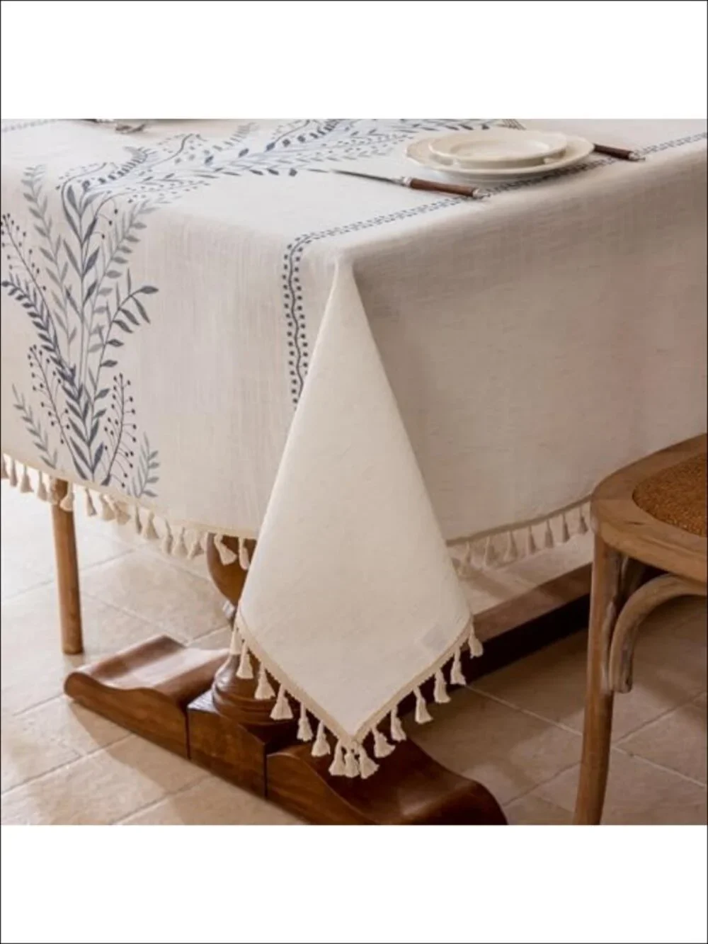 Waterproof Linen Blend Tablecloth Fern Embroidery Rectangle Tassels